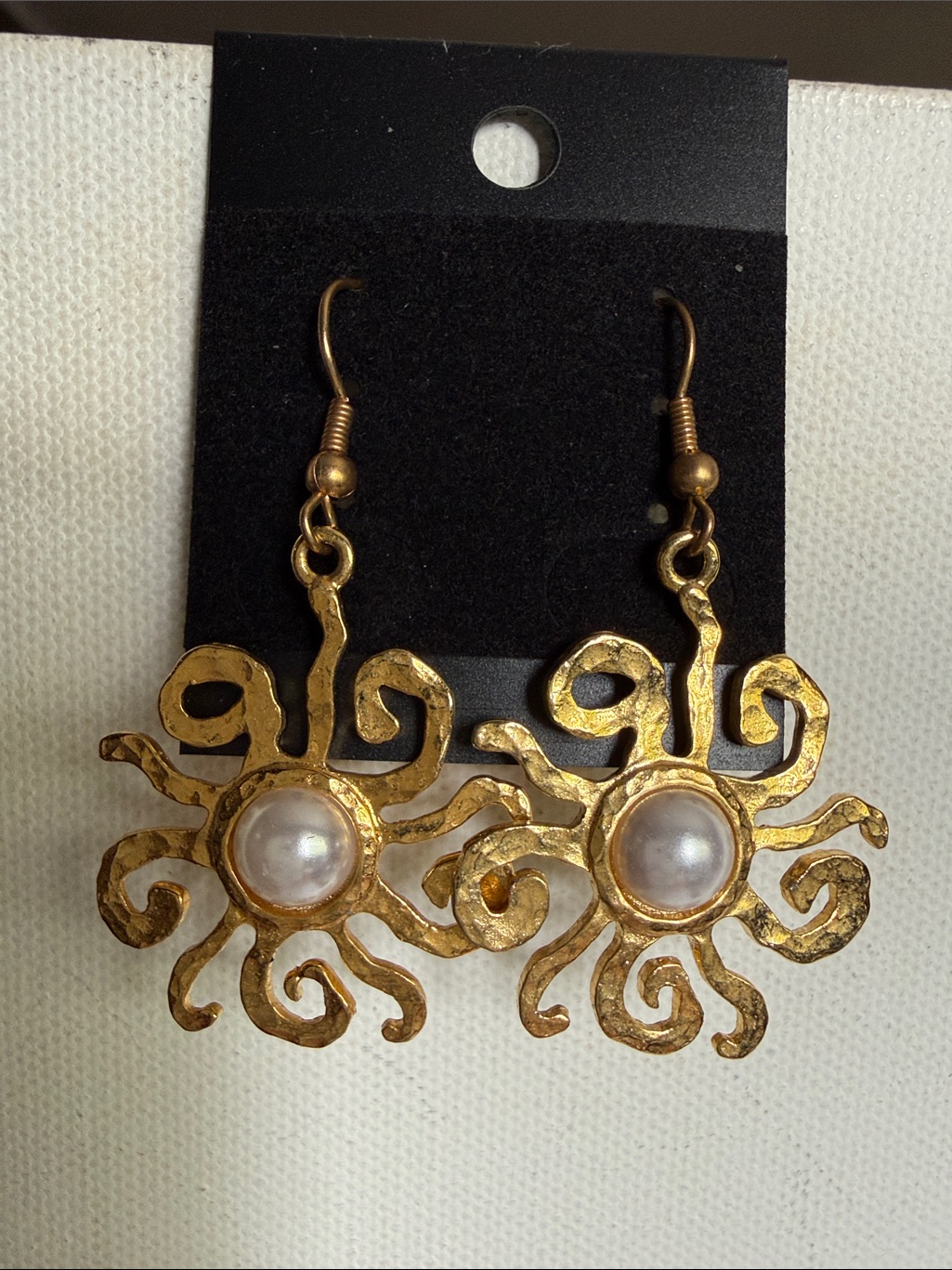 Gold Sunburst Drop Dangle Earrings With Pearl Accent